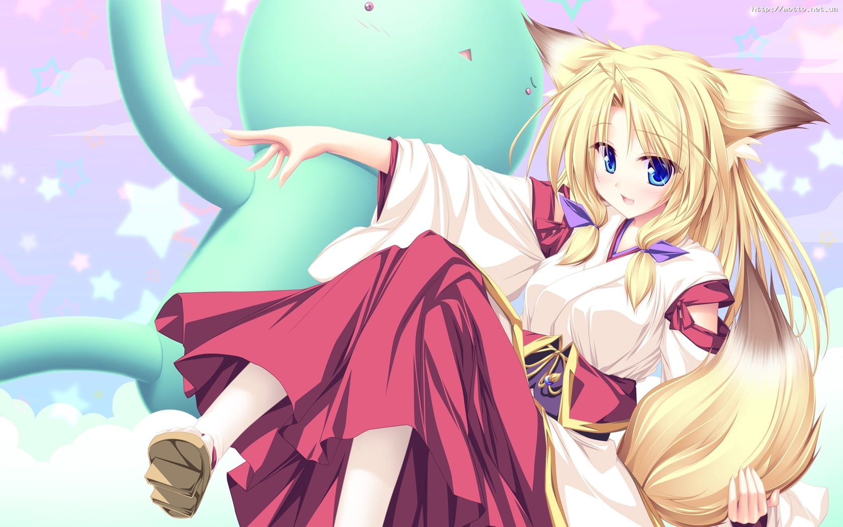 wallpaper anime karakter wanita berambut kuning, kitsune, gadis, telinga, e...