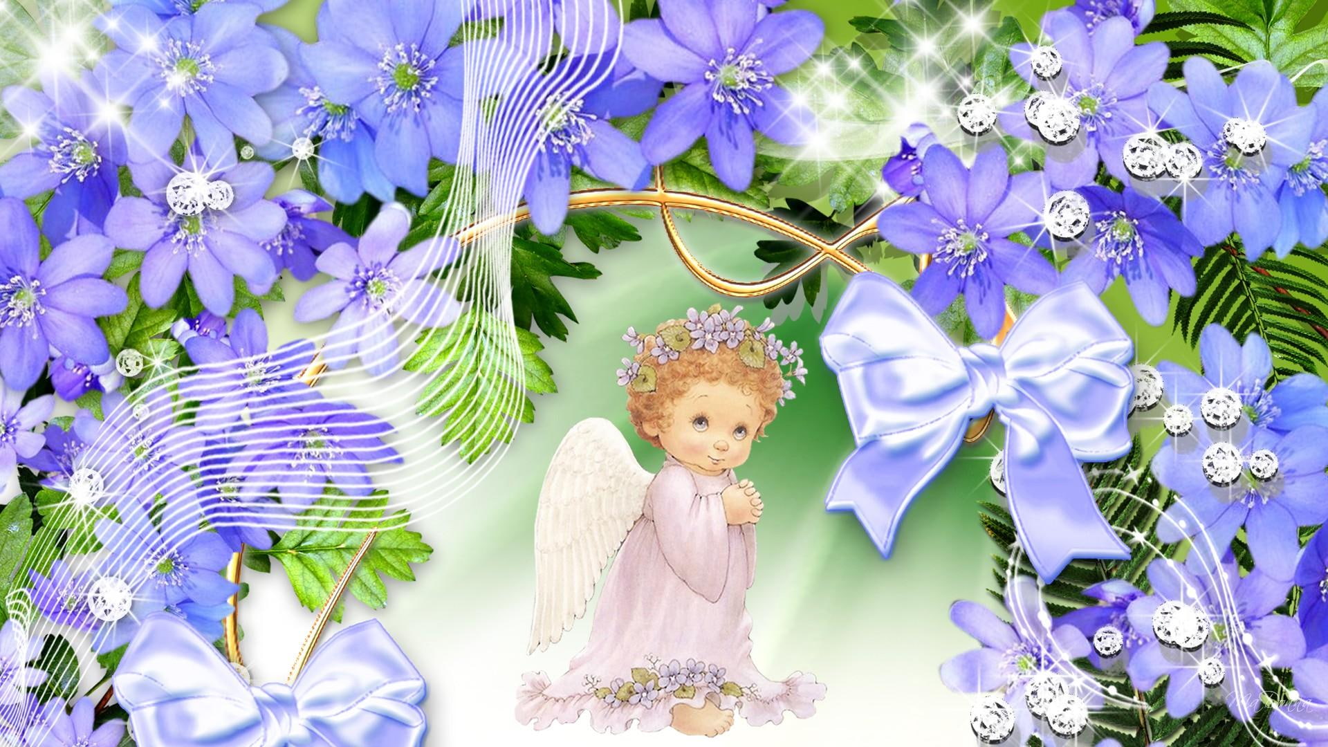 С днем рождения дочери православные. День ангела. Ангел с цветком. Ангелочки на фоне цветов. Нежные цветы с ангелочками.